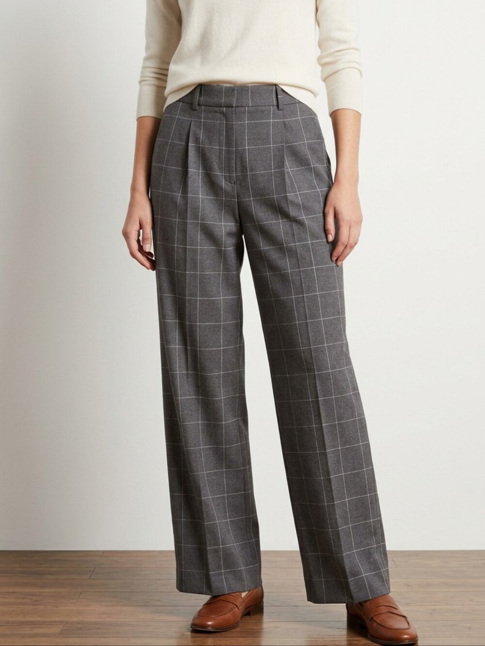 Uniqlo SZ S Gray Pleated Trouser Straight Leg Windowpane Pattern Dark Academia